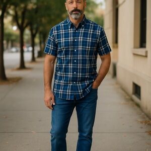 Lands' End Men's Large Blue Plaid Collared Cotton Button Down Short Sleeve Shirt